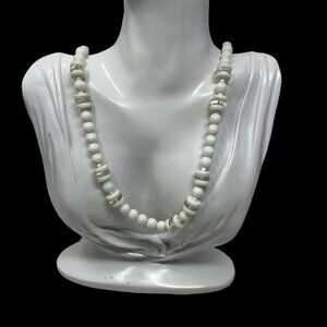 Vintage Beaded Necklace White Clear Glass Beads Gold‎ Tone Barrel Clasp